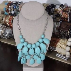 Silver Chain Blue Faceted Beaded Statement Necklace